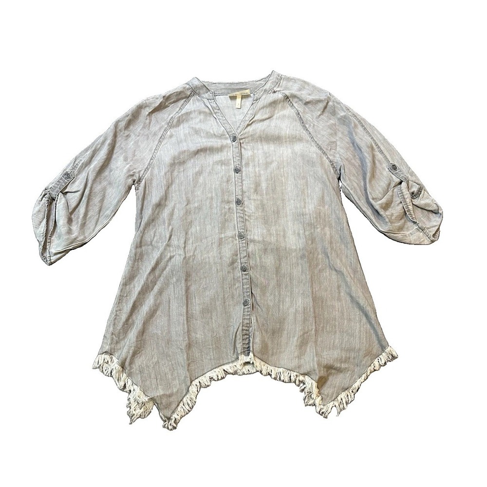 Hester Orchard Raw Sharkbite Hem 100% Tencel Fringe Womens Tunic Top S Boho Art